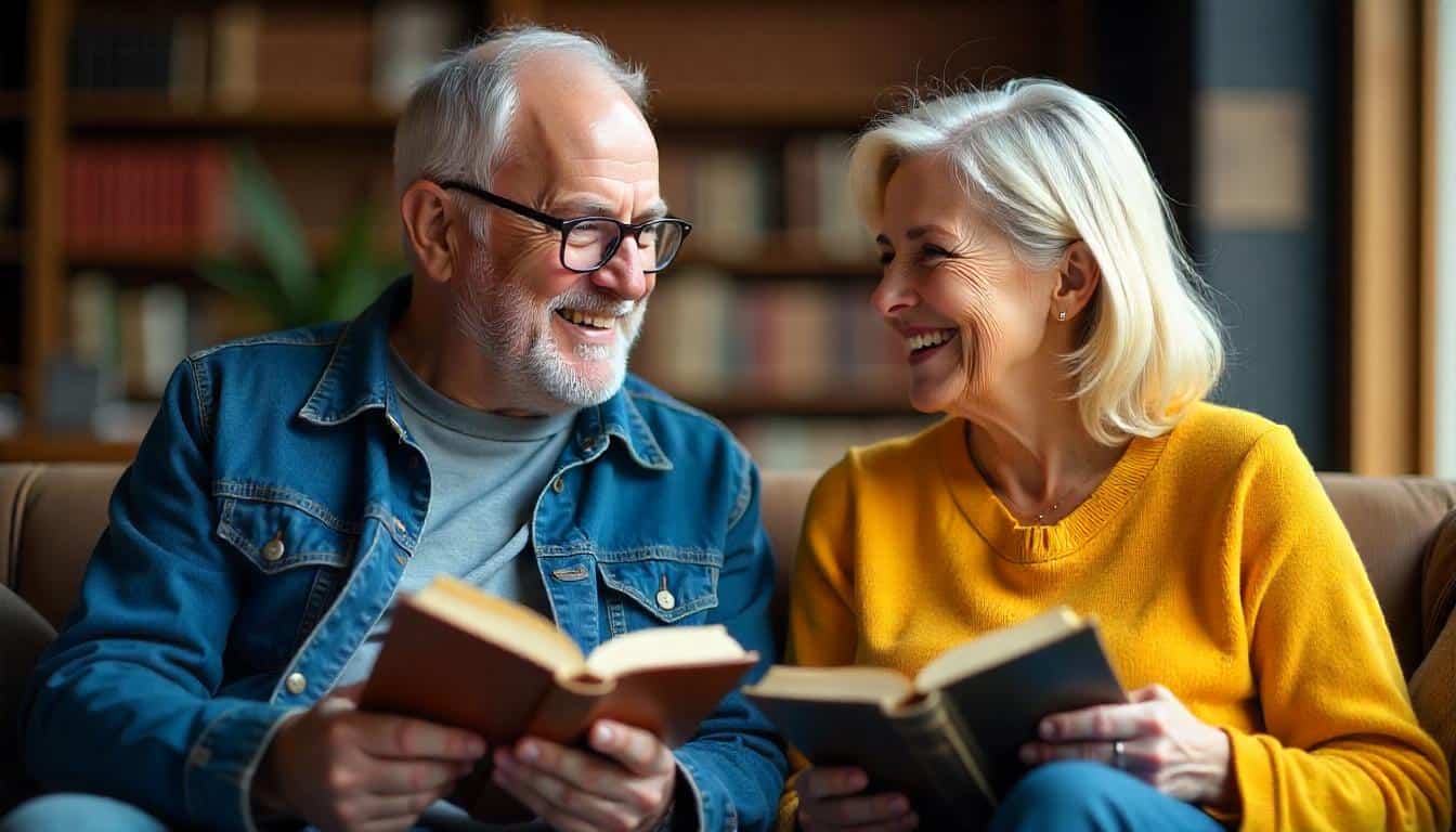 Mike and Brenda sit together in a peaceful home setting, each holding a book by the School of Evangelism as Brenda speaks and gestures thoughtfully, sharing the vision behind the books.