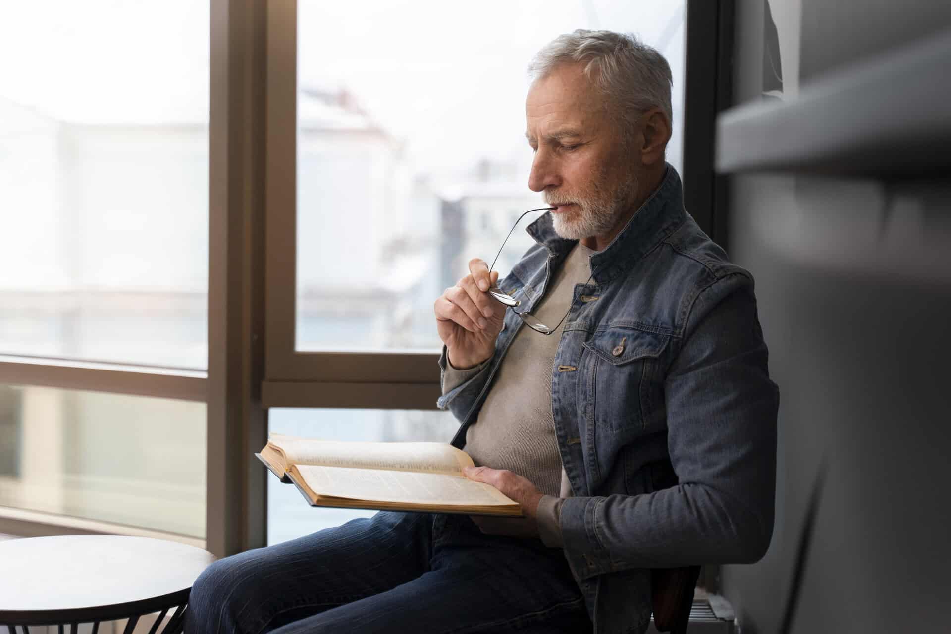 A man sits quietly in a warm, home-like setting, reading a book by the School of Evangelism and reflecting deeply on its message.