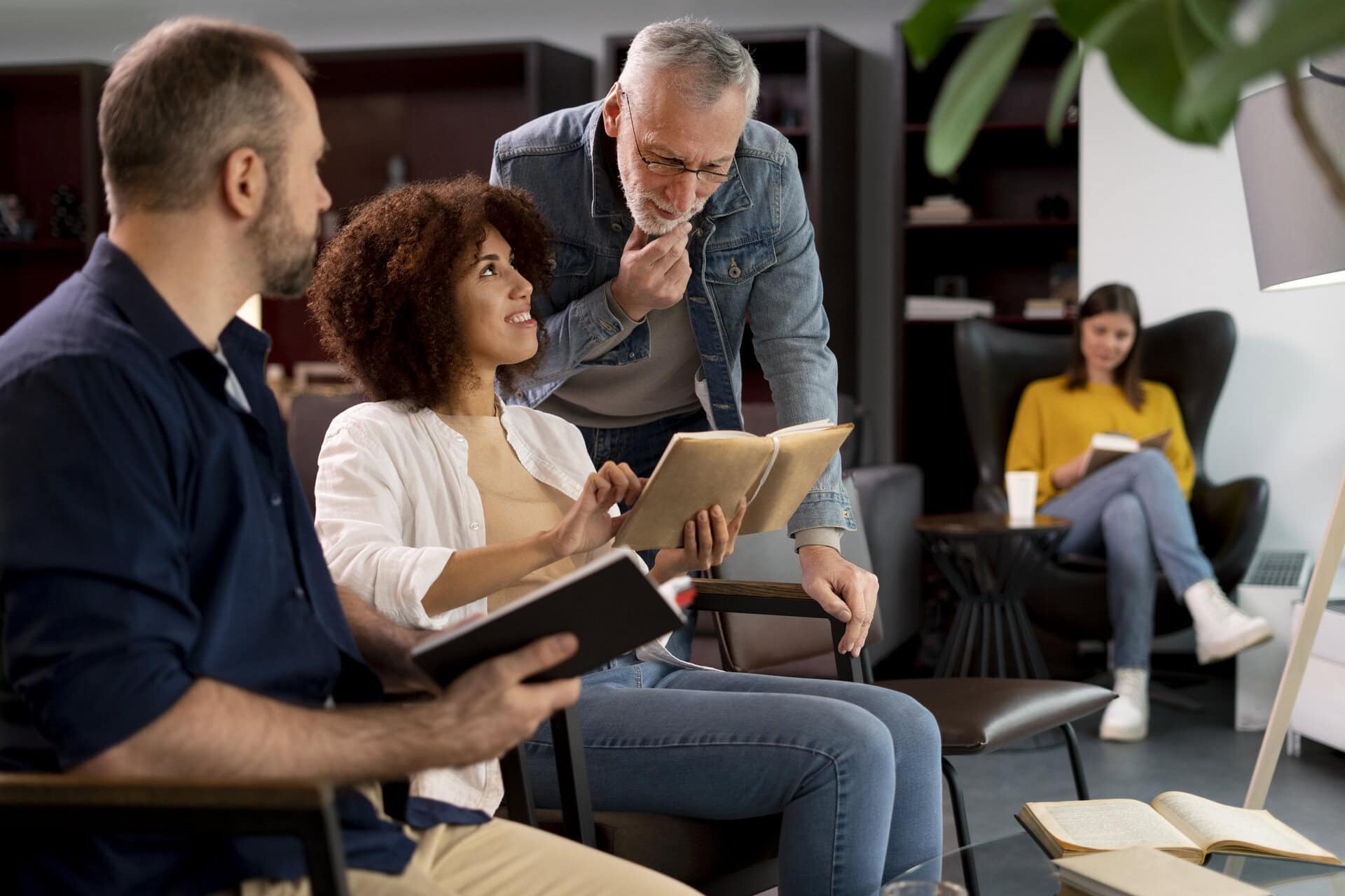 Students at the School of Evangelism reading course materials together in a cosy study room, with one woman pointing to a page in a School of Evangelism book as others engage in learning.